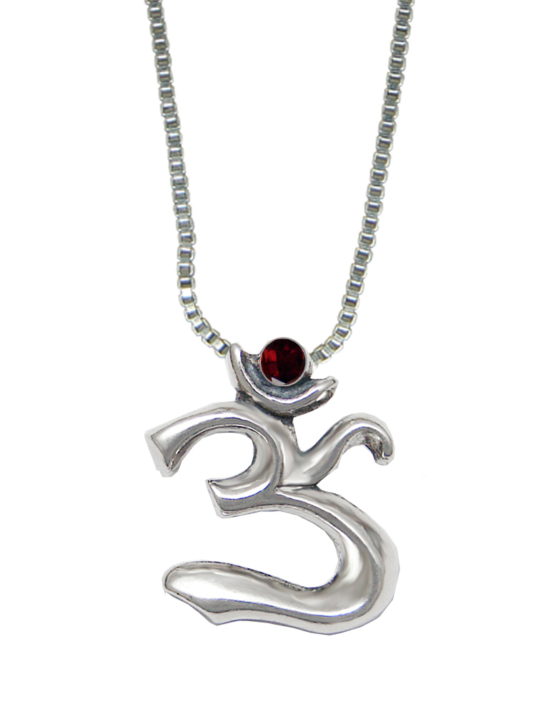 Sterling Silver Elegant Ohm Symbol Pendant With Garnet
